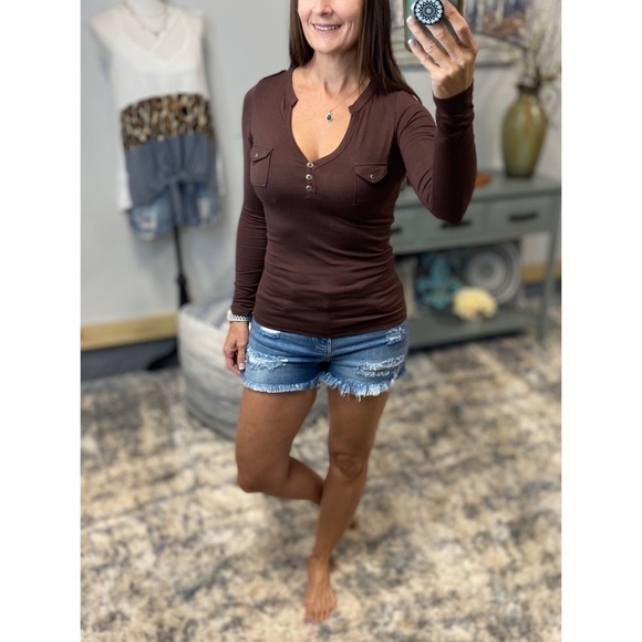 Deep V Neck Military Henley Pocket Dark Brown 1517 - Picture 2 of 4